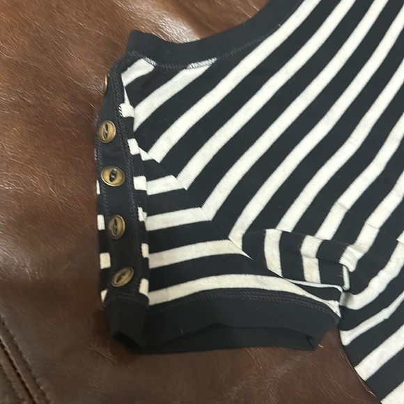 Ralph Lauren black and white stripped t-shirt with buttons going up each sleeve - Picture 5 of 6